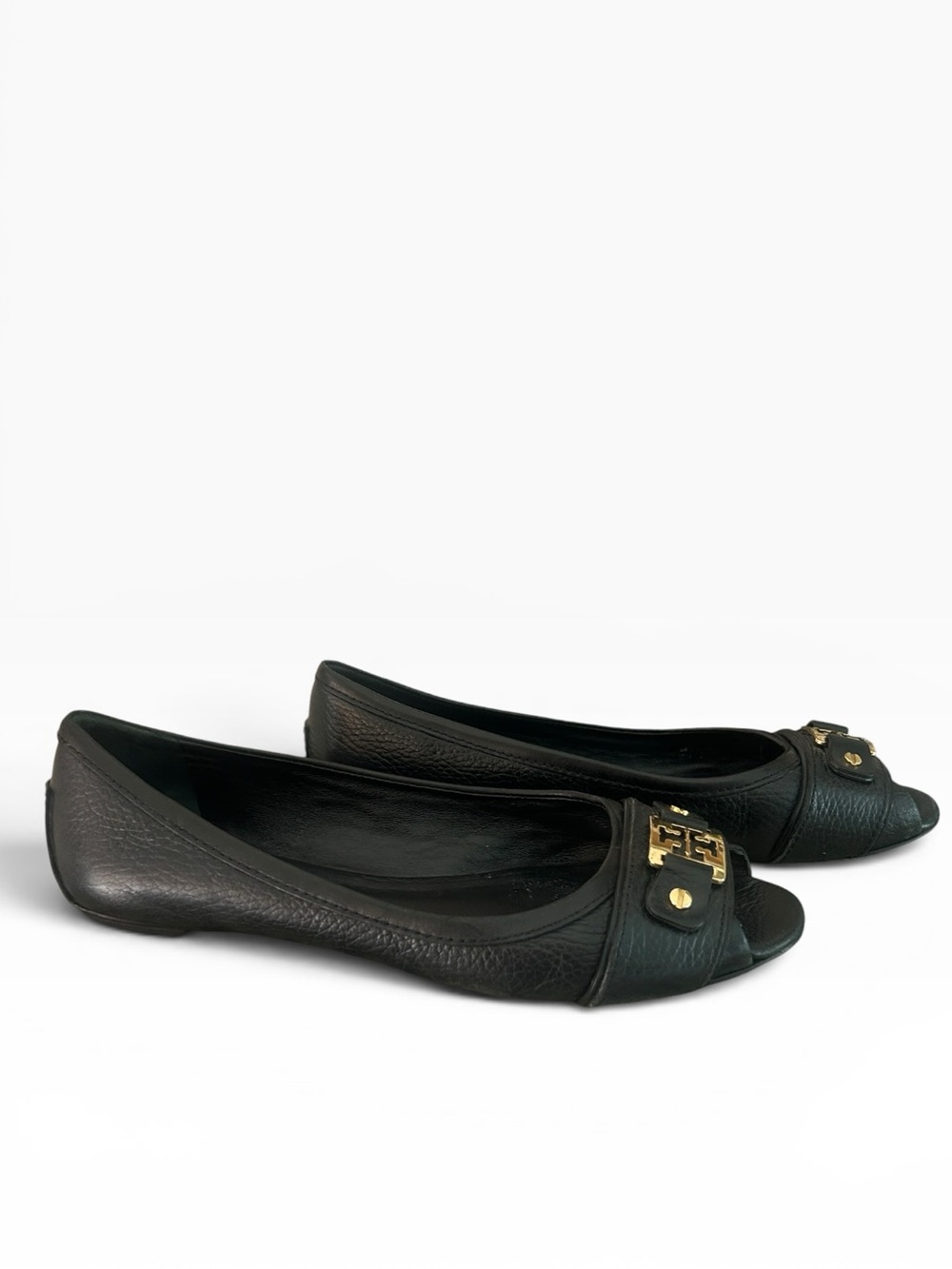 Tory Burch Cline Black Leather Gold Logo Flat Open Peep Toe Buckle Slide Sz 8.5